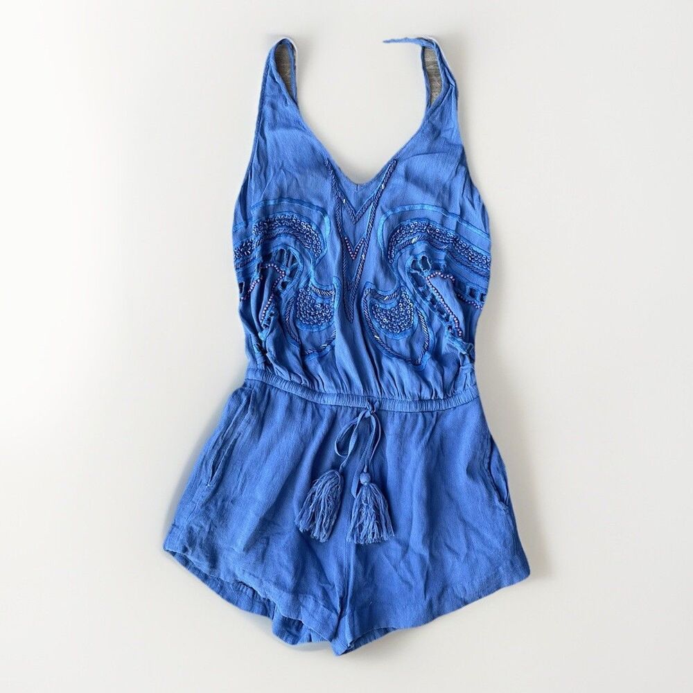 Blessed are the Meek Blue Beaded Romper Size 0 Crochet Drawstring Summer Boho